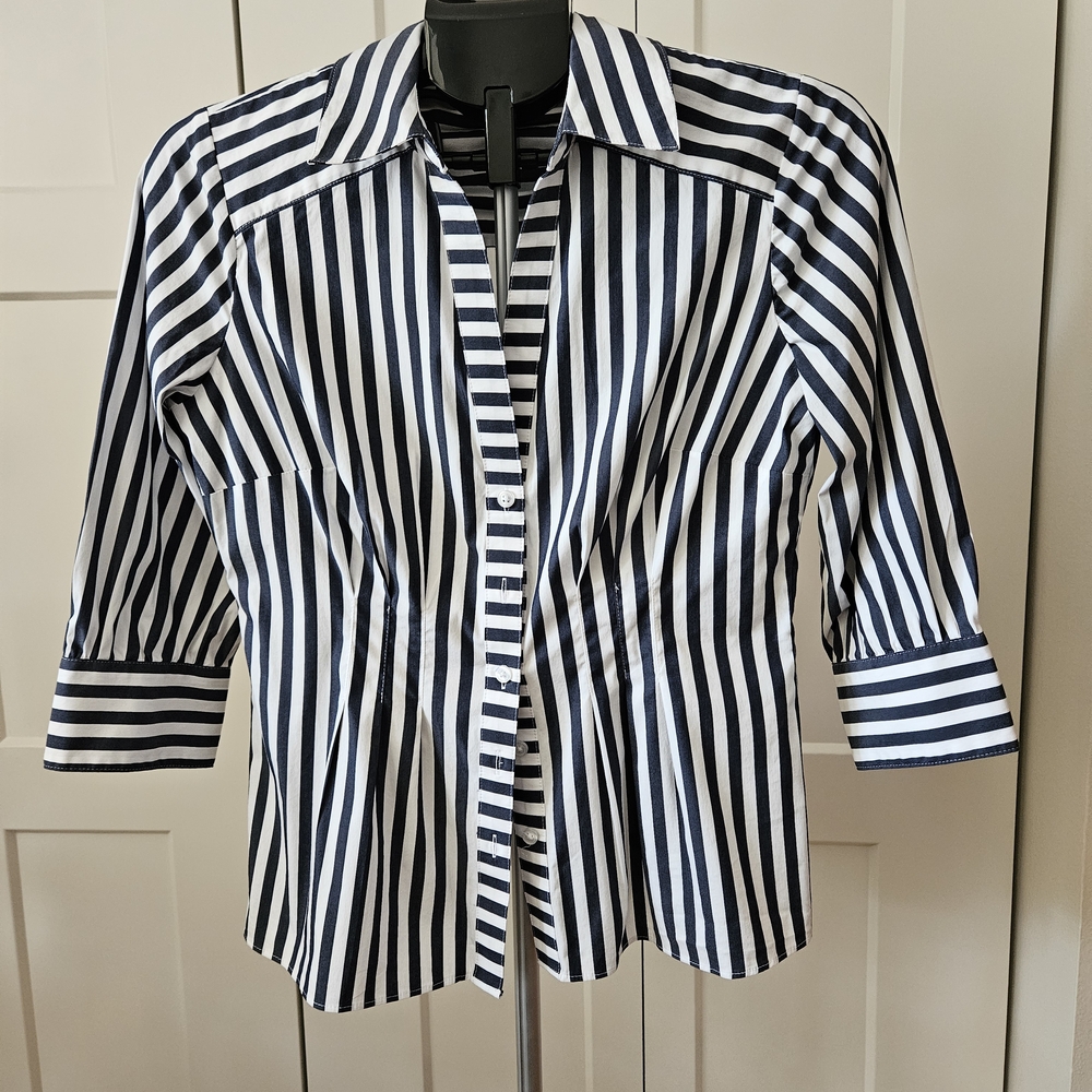 Striped Navy and White Button-Up Shirt